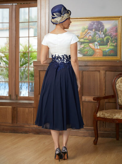 A-Line/Princess Chiffon Applique V-neck Short Sleeves Tea-Length Mother of the Bride Dresses