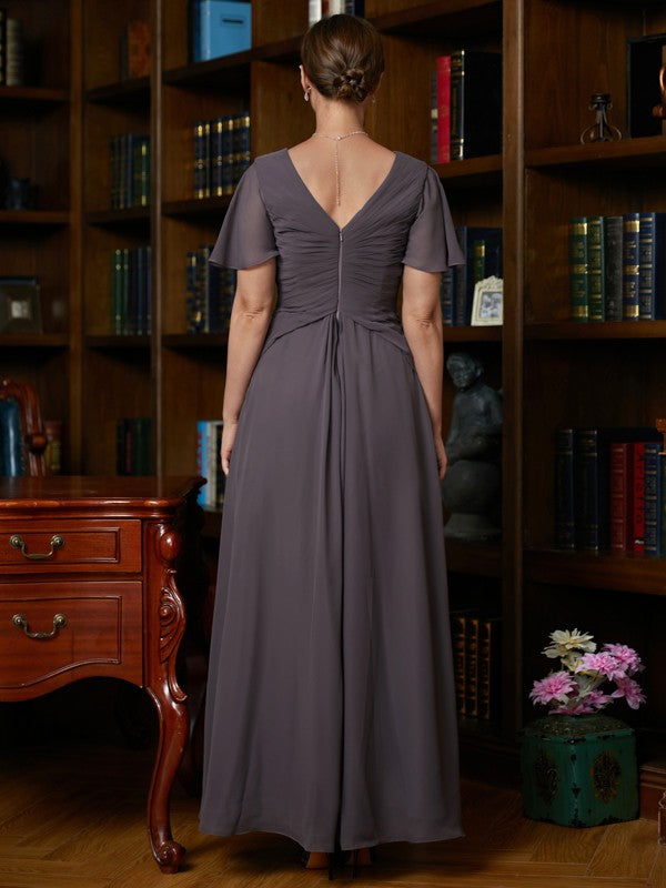 A-Line/Princess Chiffon Ruched V-neck Short Sleeves Floor-Length Mother of the Bride Dresses