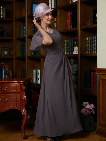 A-Line/Princess Chiffon Ruched V-neck Short Sleeves Floor-Length Mother of the Bride Dresses