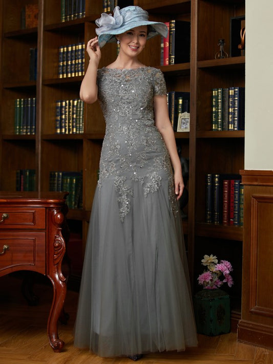 A-Line/Princess Tulle Lace Scoop Short Sleeves Floor-Length Mother of the Bride Dresses