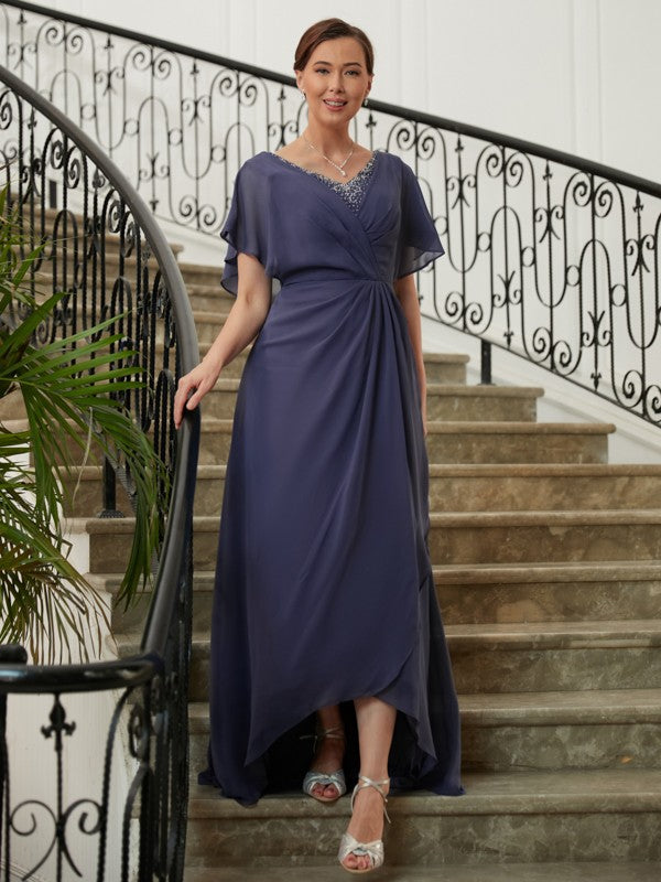 A-Line/Princess Chiffon Beading V-neck Short Sleeves Asymmetrical Mother of the Bride Dresses