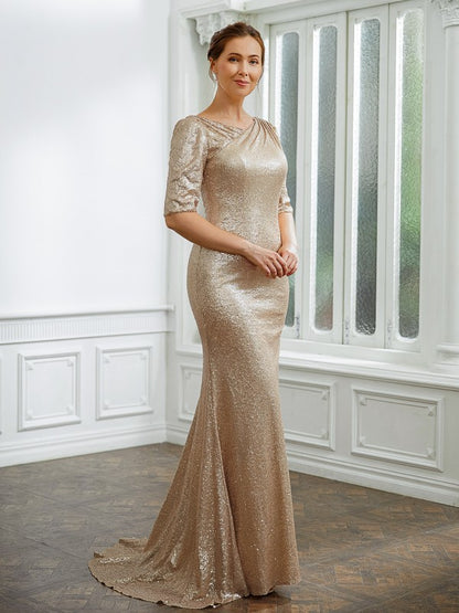 Sheath/Column Sequins Ruched 1/2 Sleeves Sweep/Brush Train Mother of the Bride Dresses