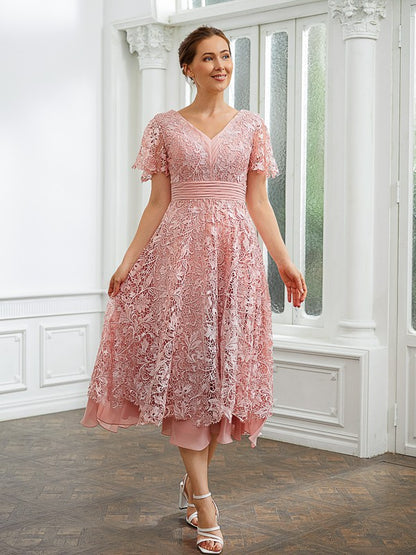 A-Line/Princess Chiffon Applique V-neck Short Sleeves Tea-Length Dresses