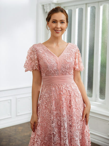 A-Line/Princess Chiffon Applique V-neck Short Sleeves Tea-Length Dresses