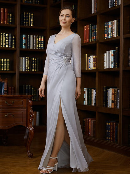 Sheath/Column 30D Chiffon Beading V-neck 3/4 Sleeves Floor-Length Mother of the Bride Dresses