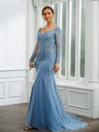 Sheath/Column Tulle Applique V-neck Long Sleeves Sweep/Brush Train Mother of the Bride Dresses