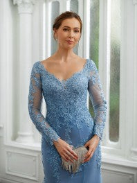 Sheath/Column Tulle Applique V-neck Long Sleeves Sweep/Brush Train Mother of the Bride Dresses