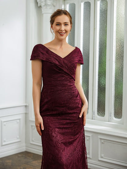 Sheath/Column Lace Ruched V-neck Short Sleeves Floor-Length Mother of the Bride Dresses