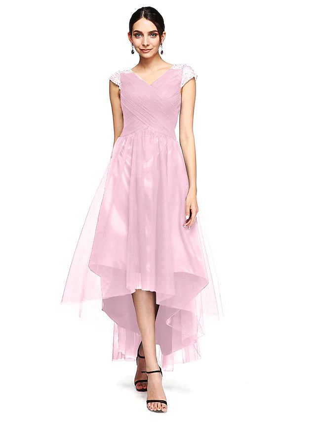 A-Line Special Occasion Dresses Open Back Dress Wedding Guest Asymmetrical Short Sleeve V Neck Tulle with Criss Cross Beading