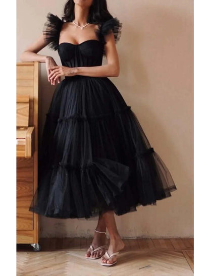 A-Line Prom Black Dress Vintage Dress Masquerade Ankle Length Sleeveless Sweetheart Wednesday Addams Family Tulle Crisscross Back with Pleats Ruffles