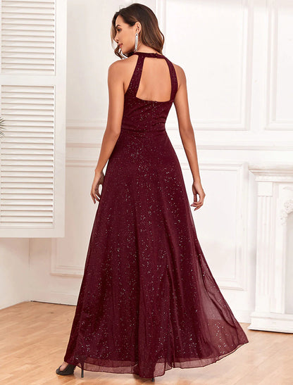 A-Line Evening Gown Empire Dress Evening Party Floor Length Sleeveless Halter Neck Polyester Backless V Back with Glitter