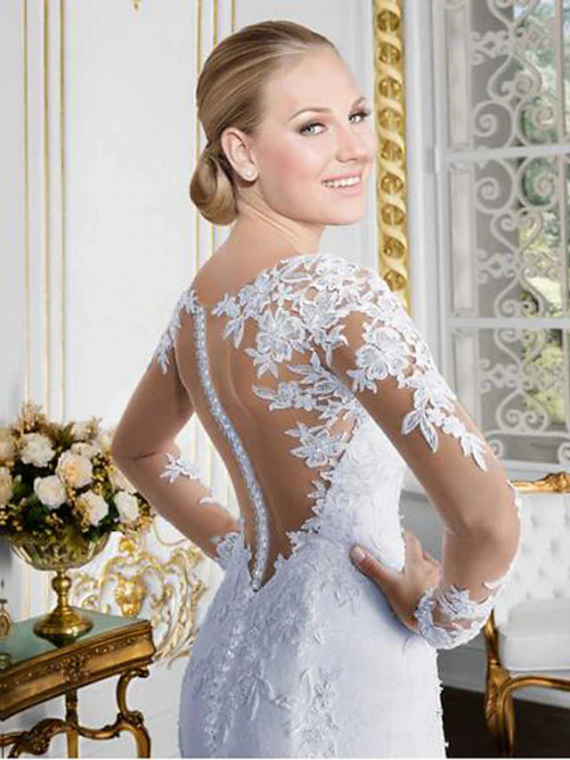 Open Back Sexy Formal Wedding Dresses Chapel Train Mermaid / Trumpet Long Sleeve Illusion Neck Lace With Lace Appliques