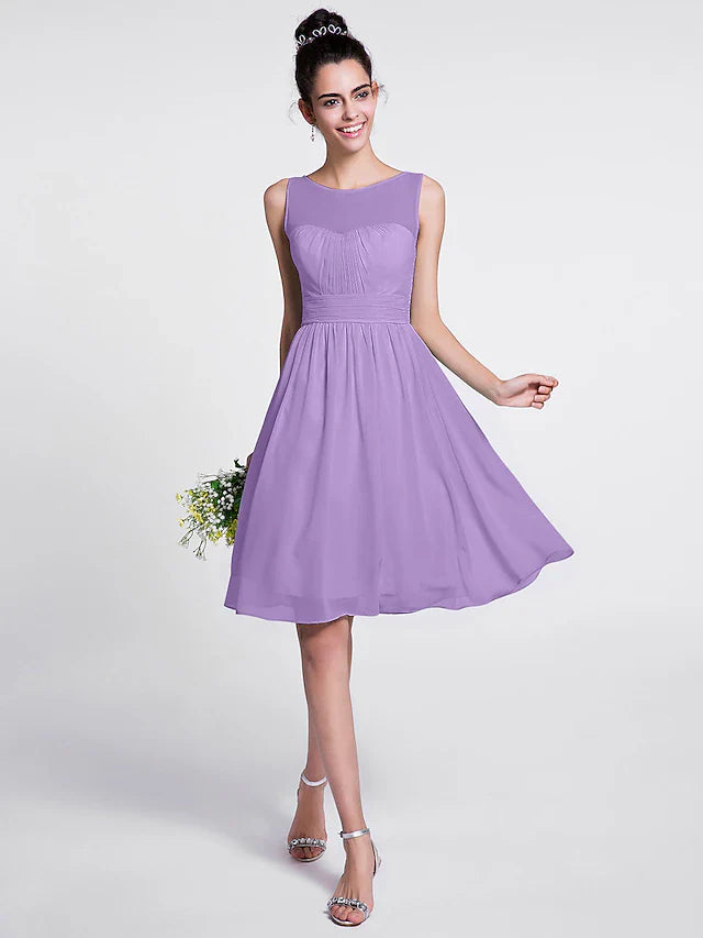 A-Line Bridesmaid Dress Scoop Neck Sleeveless Knee Length Chiffon with Ruched / Draping