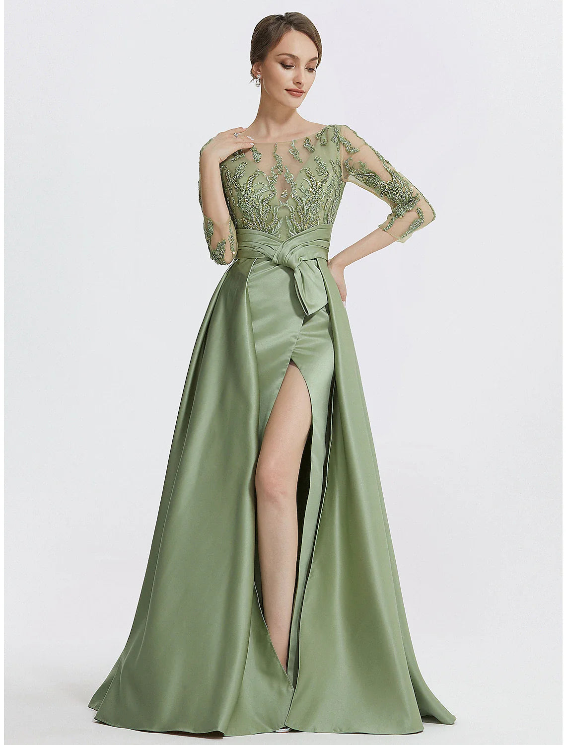 A-Line Evening Gown Elegant Dress Formal Floor Length 3/4 Length Sleeve Jewel Neck Satin with Slit Embroidery Appliques