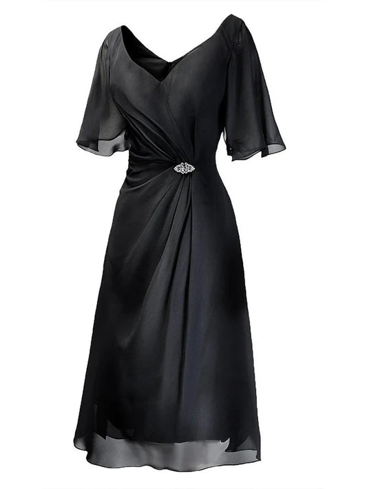 Short Sleeves Rhinestone Ruched Chiffon Mother of the Bride Dress