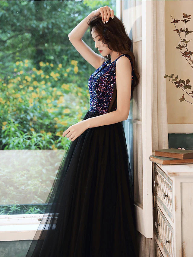 A-Line Glittering Minimalist Wedding Guest Prom Dress V Neck Sleeveless Floor Length Sequined with Sequin