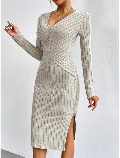 Party Dress Cocktail Dress Split V Neck Long Sleeve Midi Dress Vacation Khaki Winter