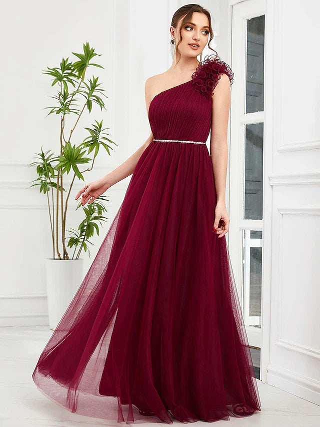 A-Line Prom Dresses Vintage Dress Wedding Party Floor Length Sleeveless One Shoulder Tulle with Appliques