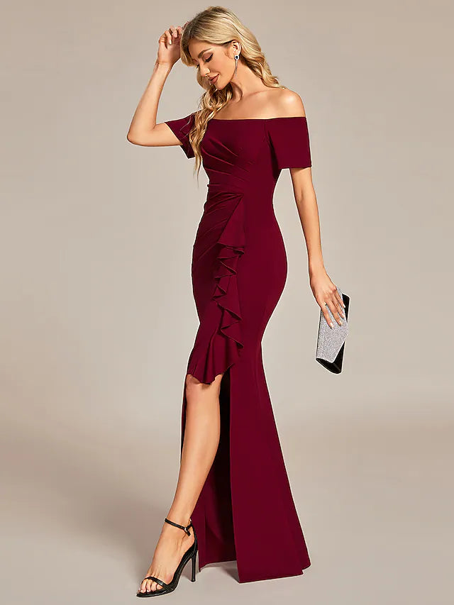 Prom Dress Wedding Guest Dress Long Black Wine Short Sleeve Pure Color Ruched Summer Spring Fall Off Shoulder