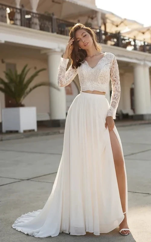 Two Piece Sexy V-neck Bridal Gown Chiffon with Beach Sweep Train Lace Long Sleeve