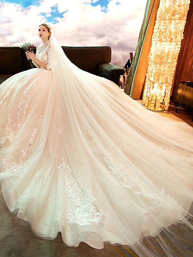 Engagement Sparkle & Shine Formal Wedding Dresses Cathedral Train Ball Gown Long Sleeve High Neck Lace With Sequin Appliques