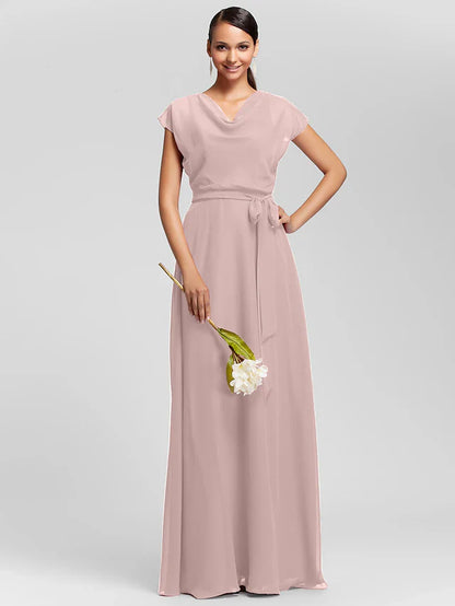 Sheath / Column Bridesmaid Dress Cowl Neck Short Sleeve Elegant Floor Length Chiffon with Sash / Ribbon / Draping