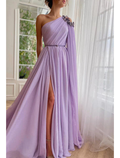 A-Line Evening Gown Elegant Dress Formal Sweep / Brush Train Sleeveless One Shoulder Capes Chiffon with Slit Shawl