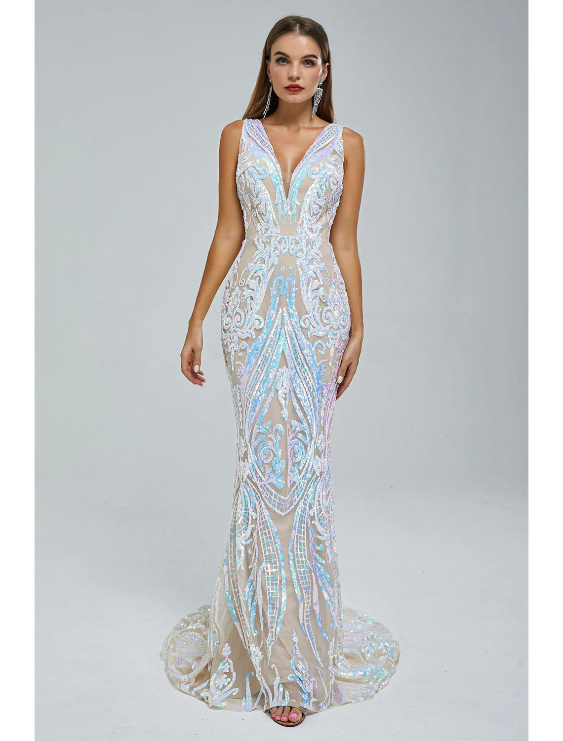 Mermaid / Trumpet Evening Gown Sparkle & Shine Dress Wedding Guest Engagement Court Train Sleeveless V Neck Sequined with Sequin