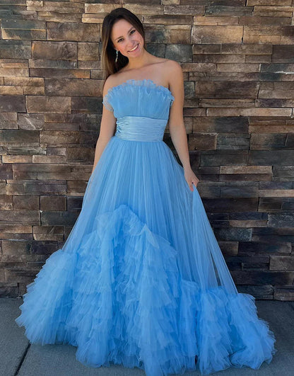 A-Line Strapless Off The Shoulder Tiered Long Prom Dress