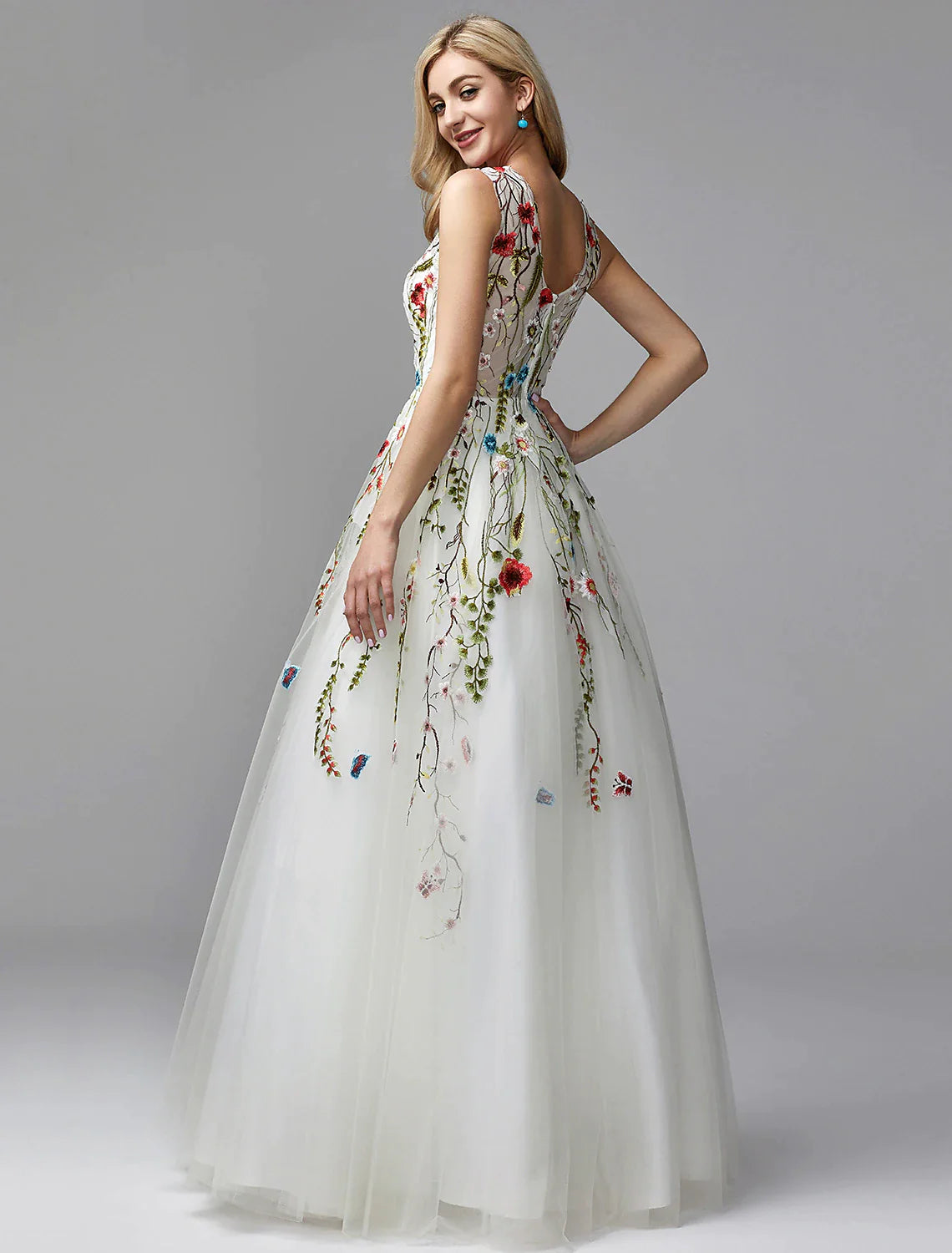 A-Line Special Occasion Dresses Floral Dress Valentine's Day Wedding Guest Floor Length Sleeveless V Neck Lace with Embroidery Appliques