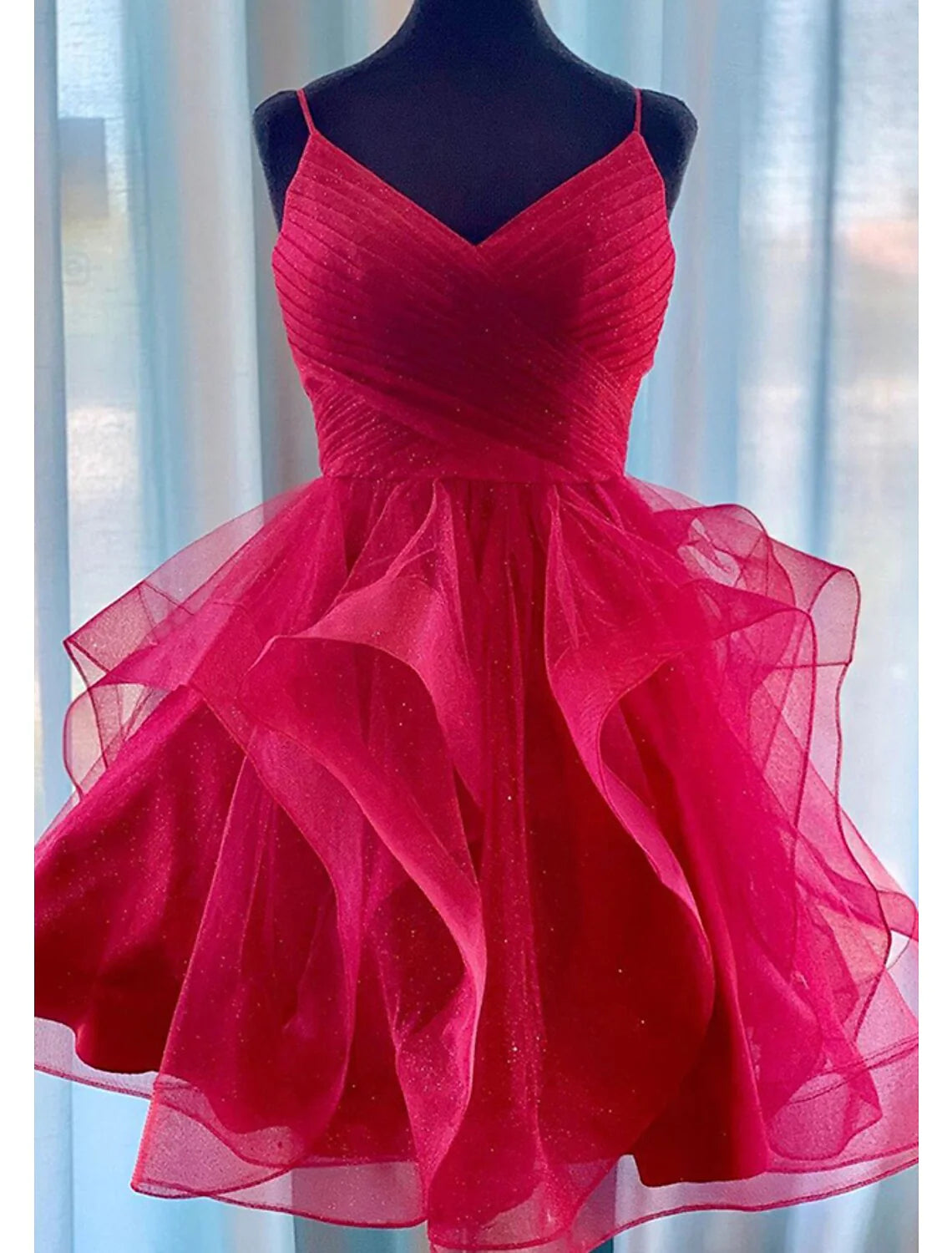 A-Line Homecoming Dresses Tiered Plisse Dress Holiday Short / Mini Sleeveless Spaghetti Strap Organza with Glitter Ruched