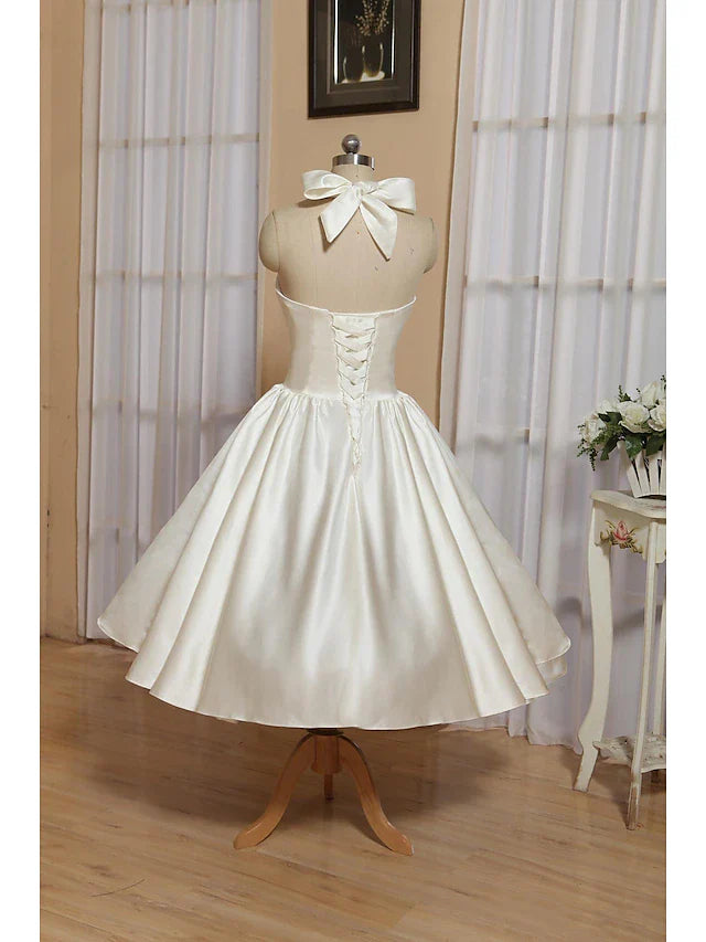 Bridal Shower Little White Dresses Wedding Dresses Tea Length A-Line Sleeveless Halter Satin With Bow(s) Pleats