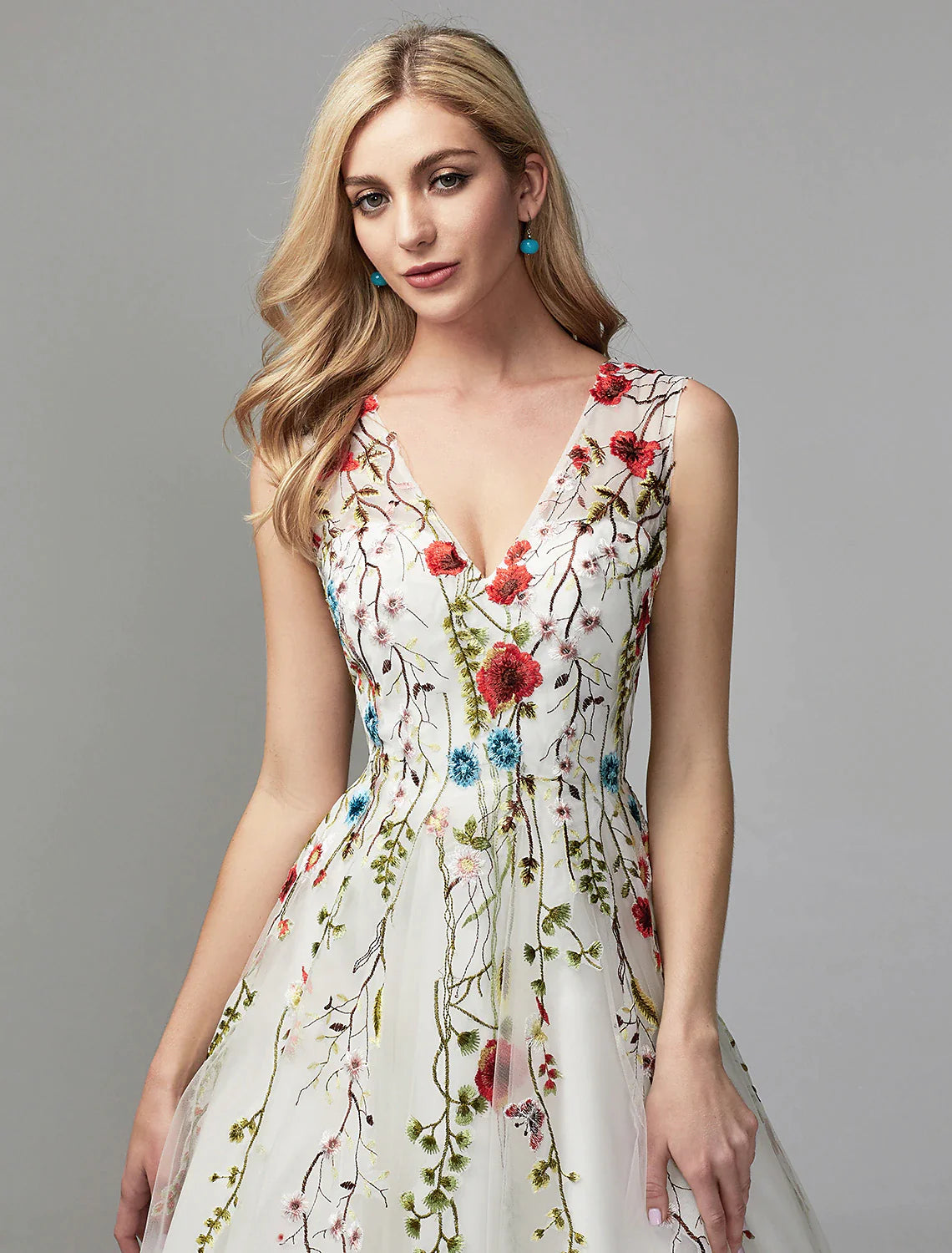 A-Line Special Occasion Dresses Floral Dress Valentine's Day Wedding Guest Floor Length Sleeveless V Neck Lace with Embroidery Appliques