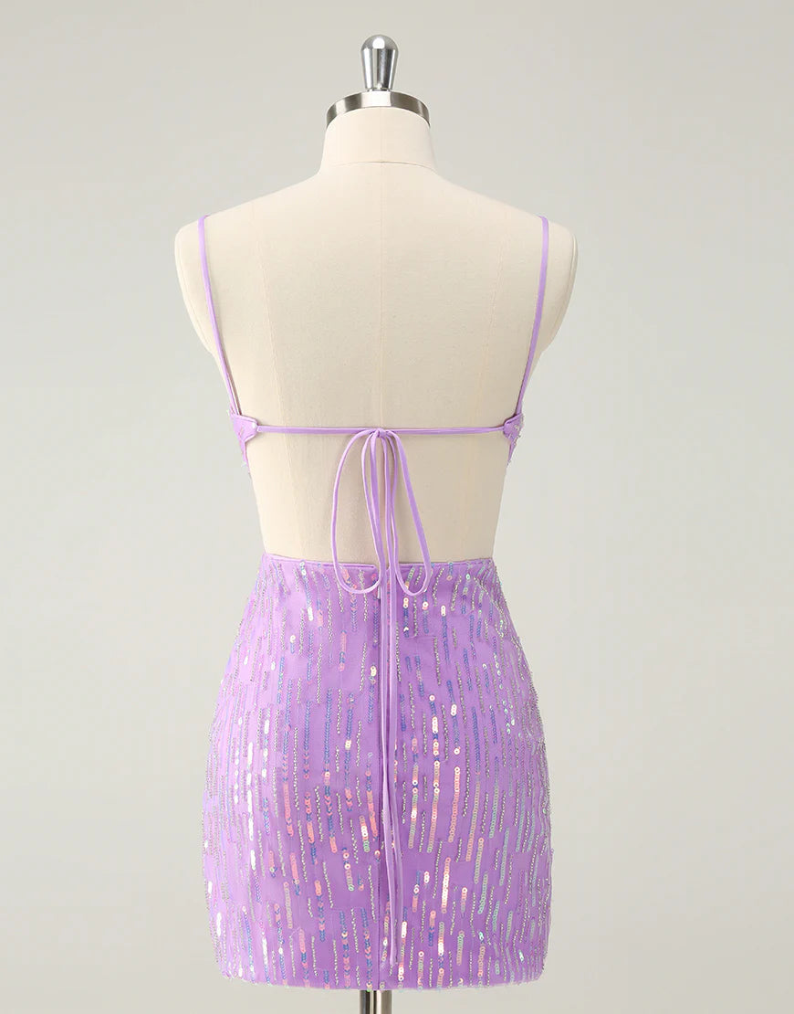 Glitter Purple Tight Sequined V Neck Backless Homecoming Dress