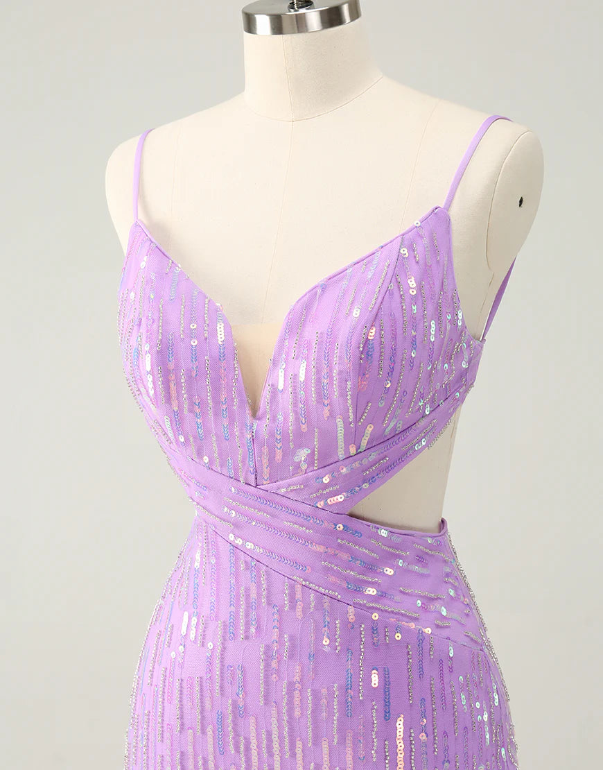 Glitter Purple Tight Sequined V Neck Backless Homecoming Dress