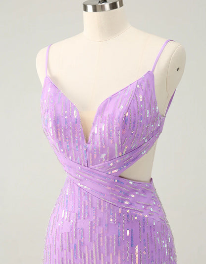 Glitter Purple Tight Sequined V Neck Backless Homecoming Dress