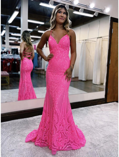 Mermaid / Trumpet Prom Dresses Sparkle & Shine Dress Formal Wedding Party Sweep / Brush Train Sleeveless V Neck Sequined Backless with Glitter Sequin