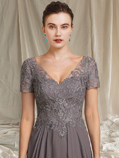 A-Line Mother of the Bride Dress Elegant High Low V Neck Tea Length Plus Size Chiffon Lace Short Sleeve with Pleats Appliques