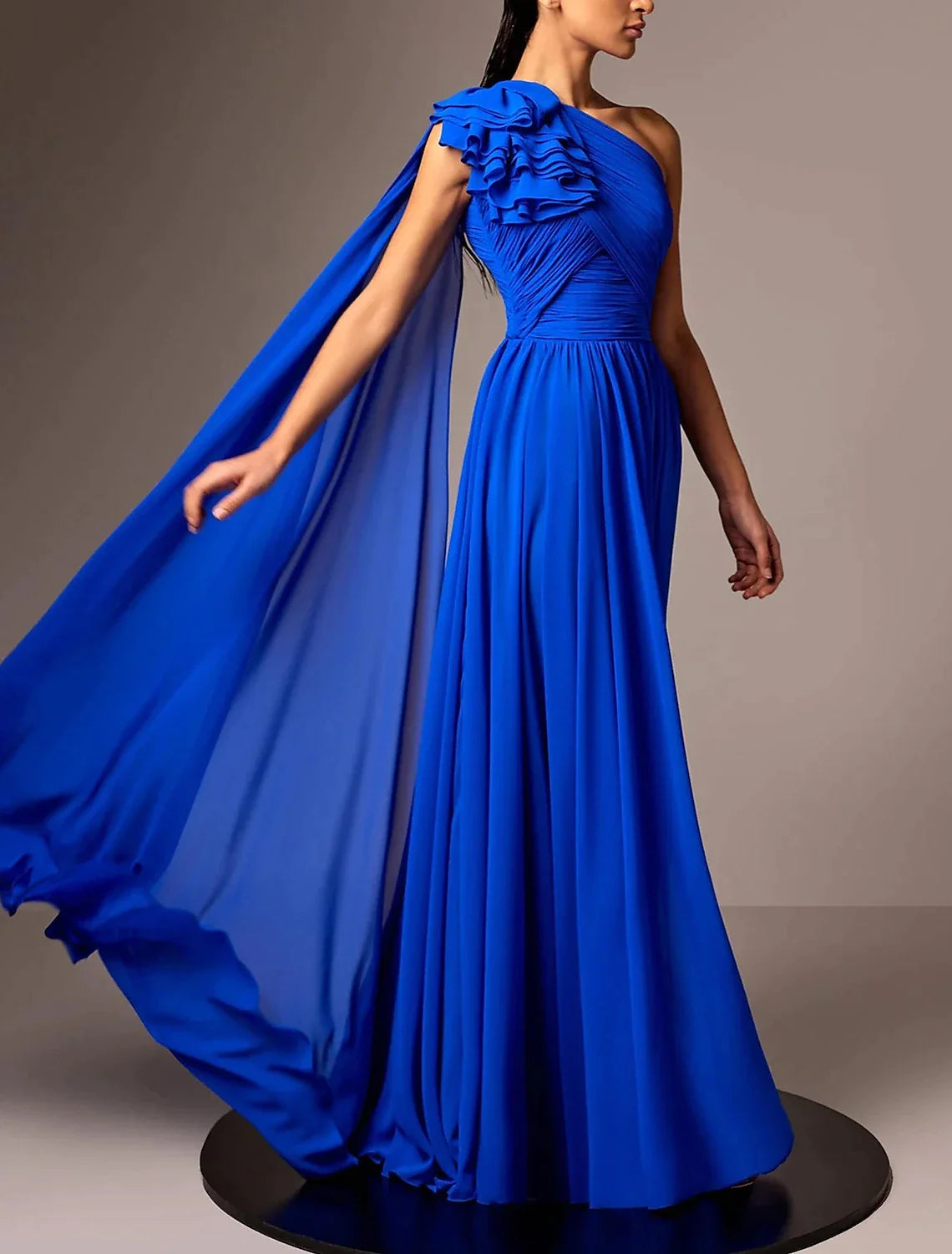 A-Line Evening Gown Elegant Dress Formal Floor Length Sleeveless One Shoulder Chiffon with Pleats Ruched Shouder Flower