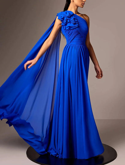 A-Line Evening Gown Elegant Dress Formal Floor Length Sleeveless One Shoulder Chiffon with Pleats Ruched Shouder Flower