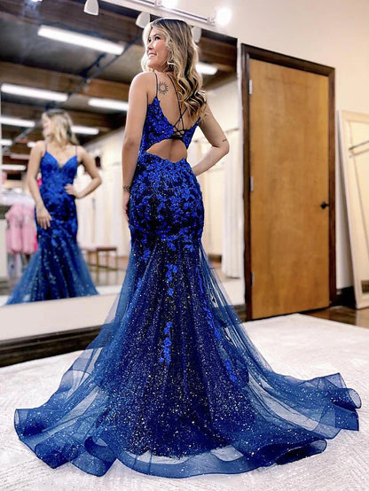 Mermaid / Trumpet Prom Dresses Sparkle & Shine Dress Formal Court Train Sleeveless V Neck Tulle Backless with Glitter Beading Appliques