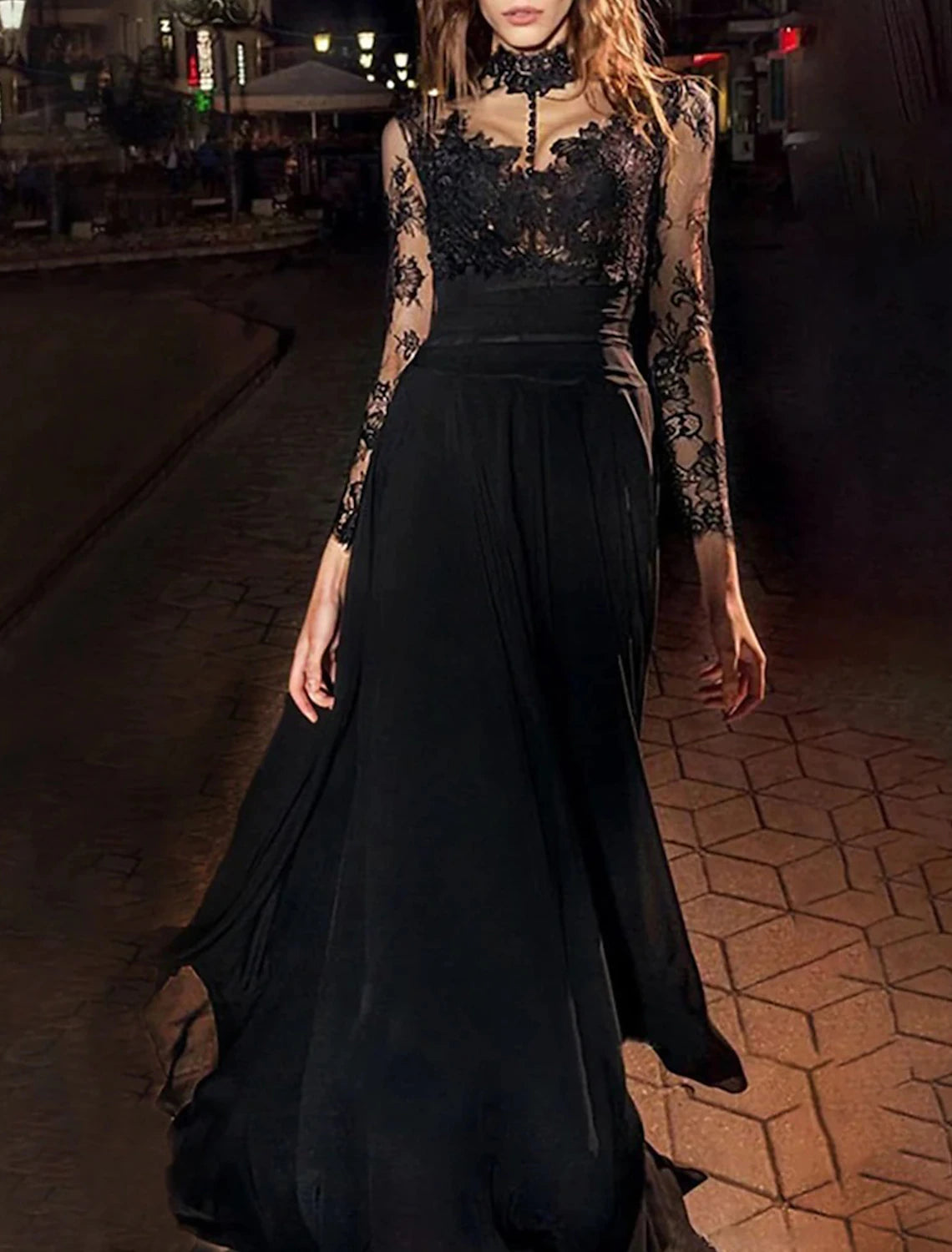 A-Line Evening Gown Vintage Dress Masquerade Floor Length Long Sleeve High Neck Chiffon with Appliques