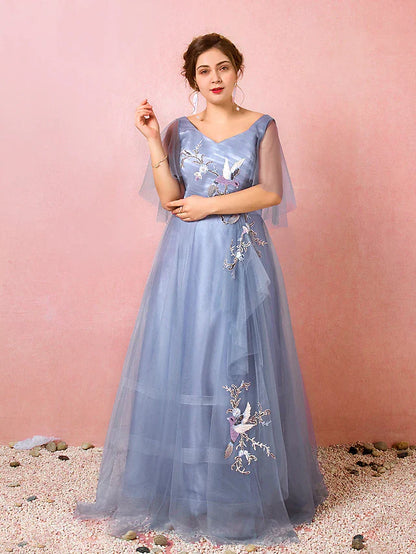 A-Line Prom Dresses Chinese Style Dress Prom Floor Length Half Sleeve V Neck Satin with Ruched Embroidery