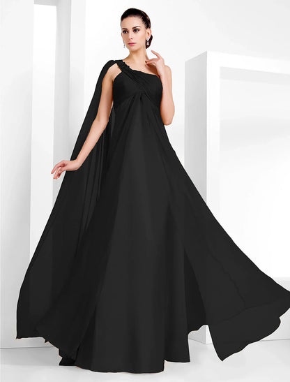 Sheath / Column Elegant Formal Evening Black Tie Gala Dress One Shoulder Sleeveless Floor Length Chiffon with Criss Cross Crystals