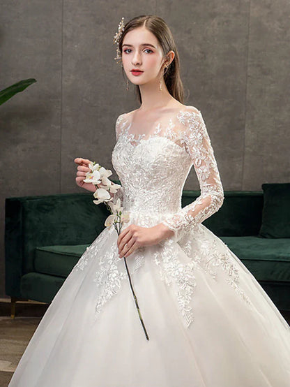 Engagement Formal Wedding Dresses Cathedral Train Ball Gown Long Sleeve Illusion Neck Lace With Pleats Appliques