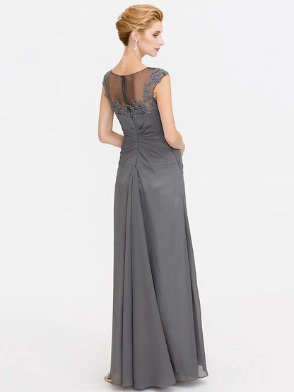 A-Line Mother of the Bride Dress Elegant See Through Bateau Neck Floor Length Chiffon Lace Sleeveless with Side Draping