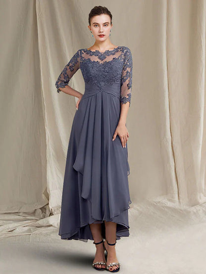 A-Line Mother of the Bride Dress Plus Size Elegant High Low Jewel Neck Asymmetrical Tea Length Chiffon Lace Half Sleeve with Ruched Appliques