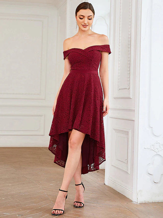 A-Line Homecoming Dresses Vintage Dress Homecoming Asymmetrical Sleeveless Off Shoulder Lace with Pleats Pure Color