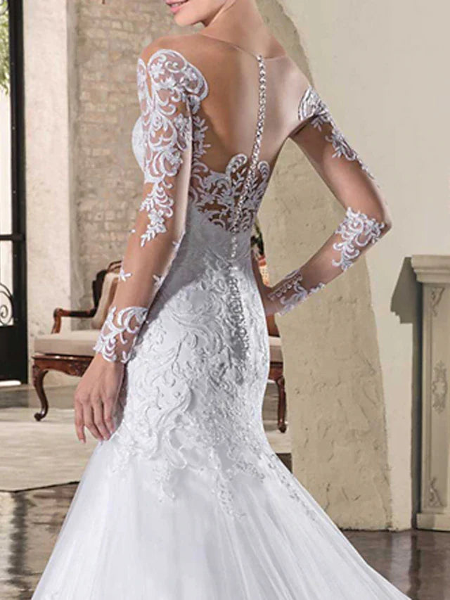 Engagement Open Back Formal Wedding Dresses Court Train Mermaid / Trumpet Long Sleeve Illusion Neck Lace With Appliques