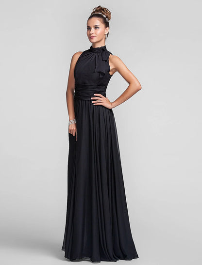 Sheath / Column Bridesmaid Dress High Neck Sleeveless Vintage Inspired Floor Length Chiffon with Ruched / Cascading Ruffles